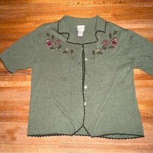 Koret Petites Large Olive Knit Floral Embroidery Bead Collar Button-up Cardigan